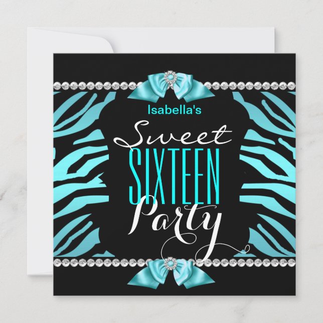 Invitación Cumpleaños Dulces 16 Cebra Azul Teal Negro Blanco (Anverso)