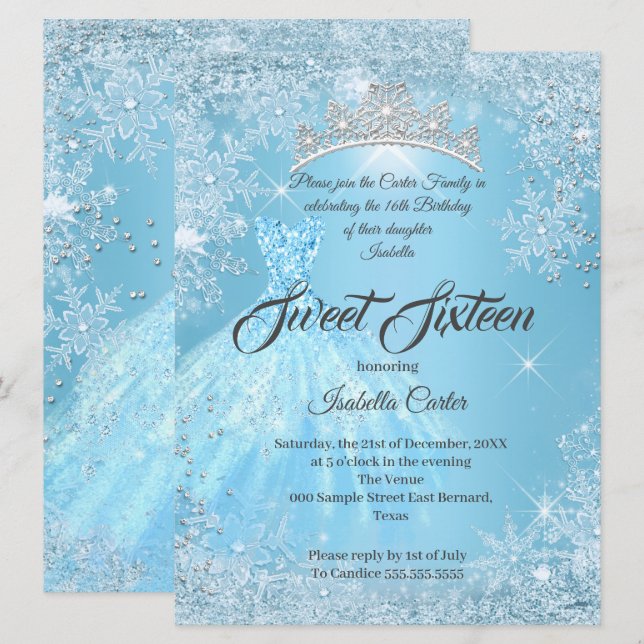 Invitación Cumpleaños Dulces 16 Cenicienta Copo de Nieve Azul (Anverso / Reverso)