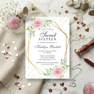 Invitación Cumpleaños Dulces 16 Chic Floral con Hojas de Oro