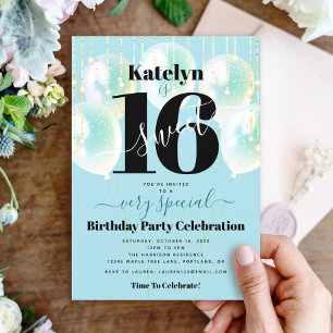 Invitación Cumpleaños Dulces 16 Chica Glamour Globos Turquesa