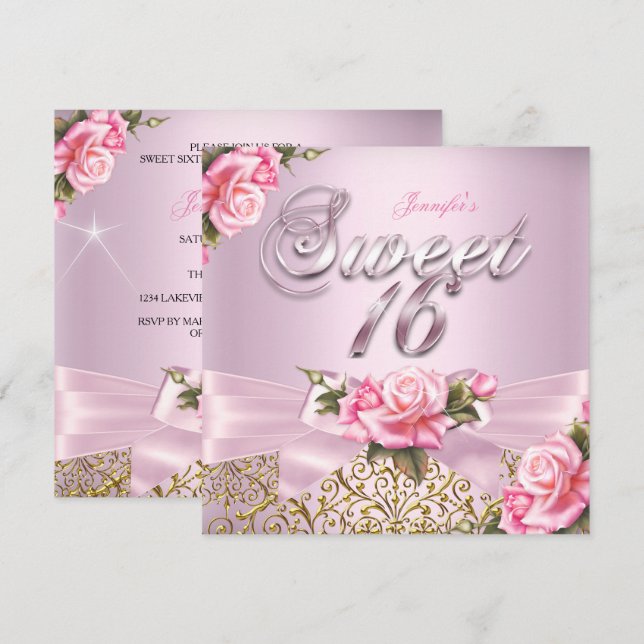 Invitación Cumpleaños Dulces 16 con Arco de Rosa Rosa Bonito (Anverso / Reverso)