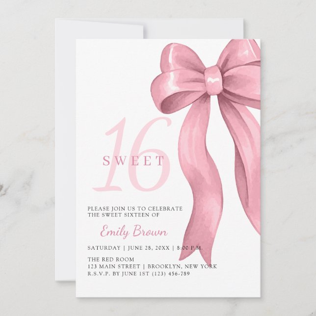 Invitación Cumpleaños Dulces 16 con Lazo Rosa (Anverso)