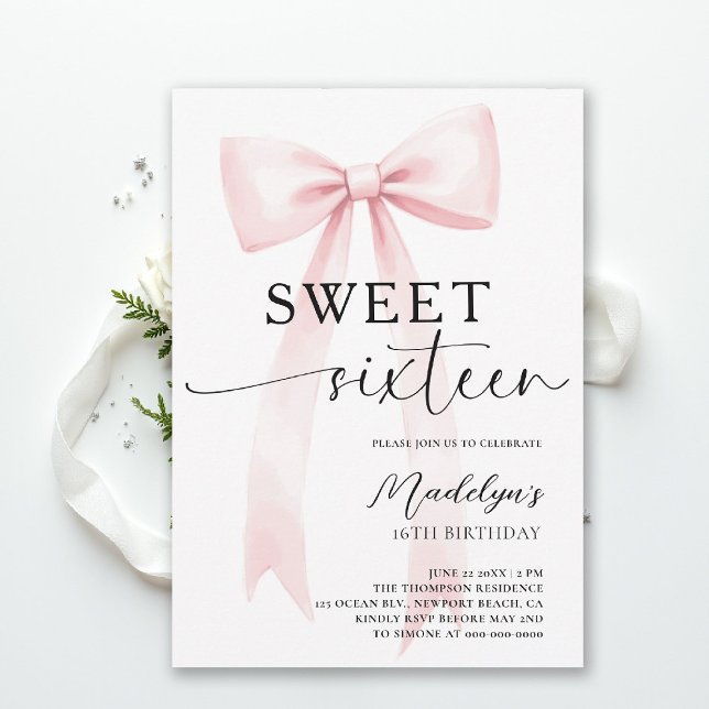Invitación Cumpleaños Dulces 16 con Lazo Rosa Moderno y Elega (sweet sixteen birthday party invitation pink bold bow simple classy script trendy fashion teen)