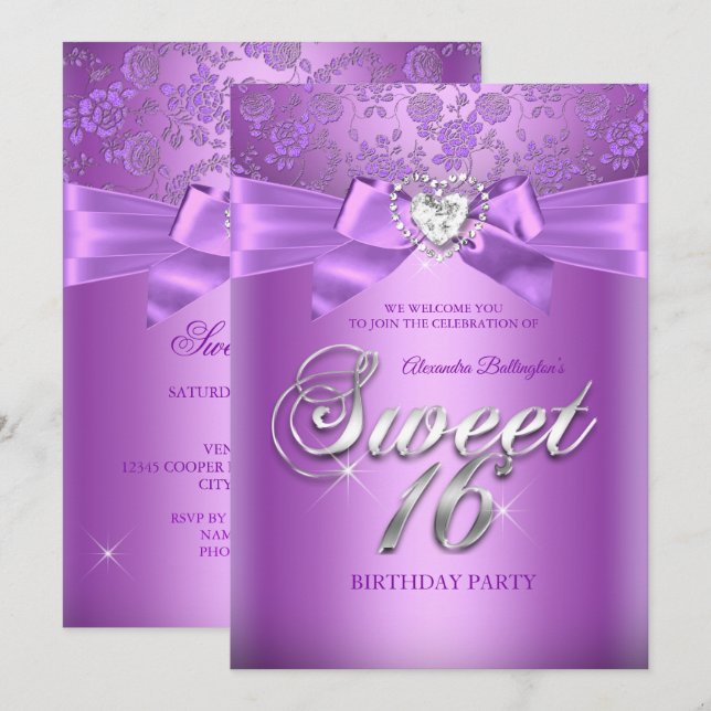 Invitación Cumpleaños Dulces 16 Corazón de Diamante Lila Púrp (Anverso / Reverso)