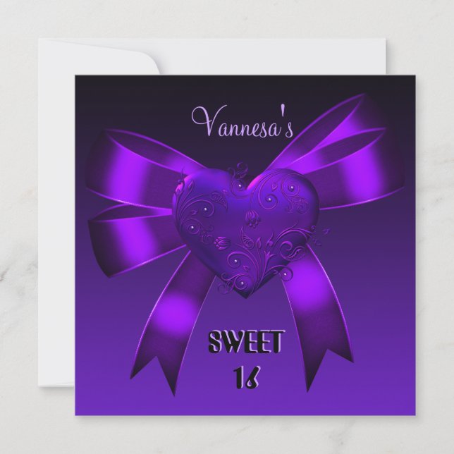 Invitación Cumpleaños Dulces 16 Dieciséis Corazón Púrpura Pro (Anverso)