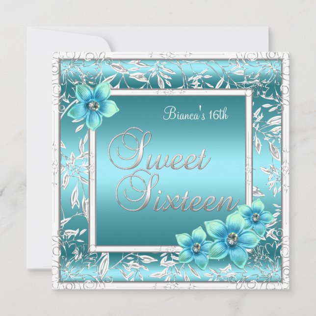 Invitación Cumpleaños Dulces 16 Dieciséis Flor Azul Teal Plat (Anverso)