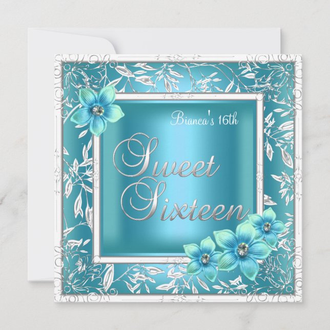 Invitación Cumpleaños Dulces 16 Dieciséis Flor Azul Teal Plat (Anverso)