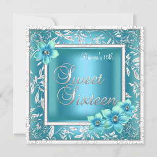 Invitación Cumpleaños Dulces 16 Dieciséis Flor Azul Teal Plat