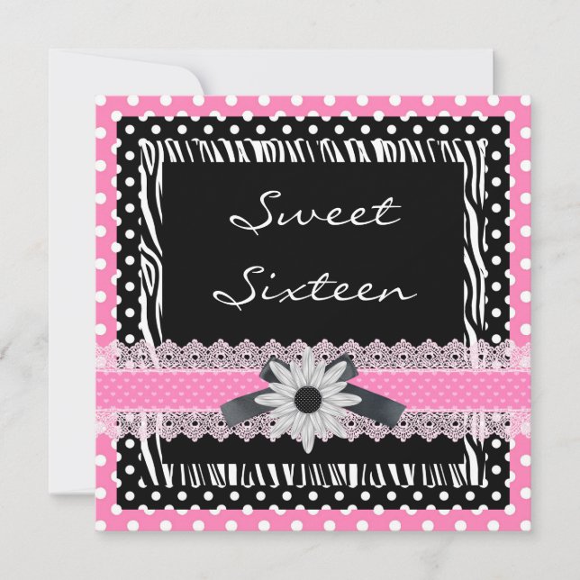 Invitación Cumpleaños Dulces 16 Dieciséis Negro Blanco Rosa C (Anverso)