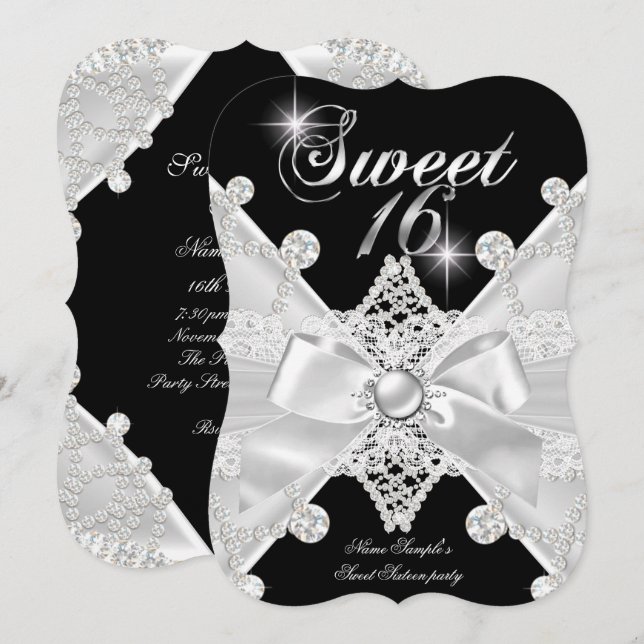 Invitación Cumpleaños Dulces 16 Dieciséis Negro Plata Diamant (Anverso / Reverso)