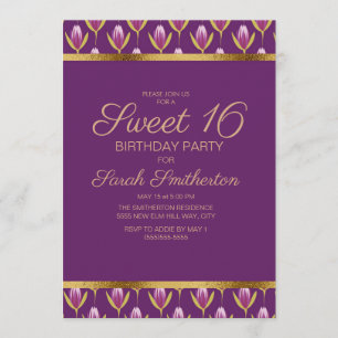 Invitación Cumpleaños Dulces 16 Elegante Floral Púrpura Dorad