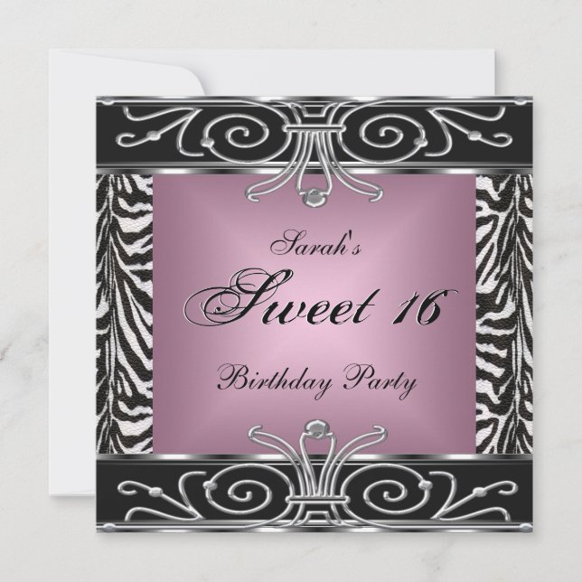 Invitación Cumpleaños Dulces 16 Elegante Rosa Cebra Negro Pla (Anverso)