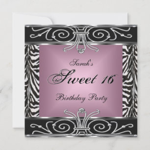 Invitación Cumpleaños Dulces 16 Elegante Rosa Cebra Negro Pla