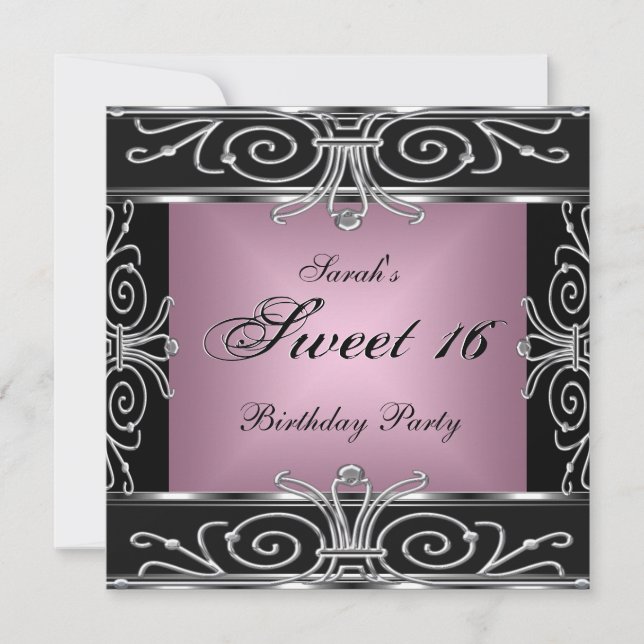 Invitación Cumpleaños Dulces 16 Elegante Rosa Negro Plata (Anverso)