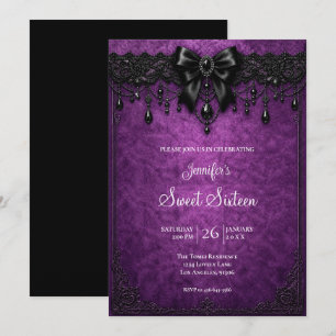 Invitación Cumpleaños Dulces 16 Encaje Negro Púrpura
