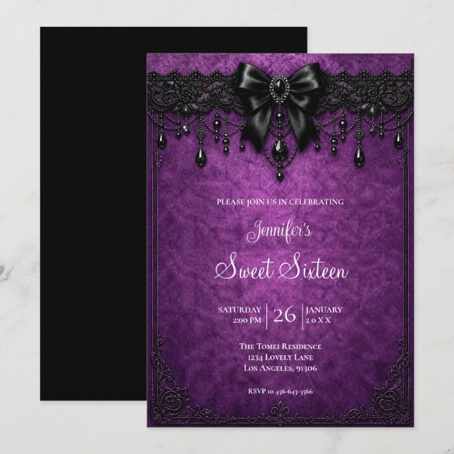 Invitación Cumpleaños Dulces 16 Encaje Negro Púrpura (Anverso / Reverso)