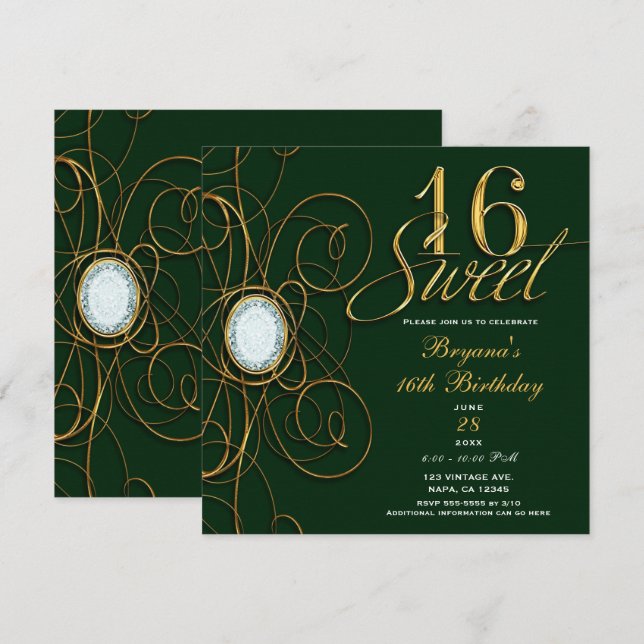 Invitación Cumpleaños Dulces 16 Esmeralda Verde y Diamante Do (Anverso / Reverso)