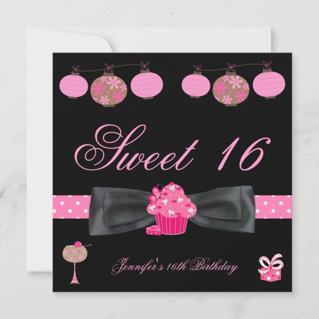 Invitación Cumpleaños Dulces 16 Fiesta Cumpleaños Negro Rosa  (Anverso)