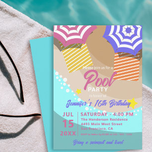 Invitación Cumpleaños Dulces 16 Fiesta de Piscina de Verano e