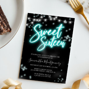 Invitación Cumpleaños Dulces 16 Fiesta Oscura Neon Teal