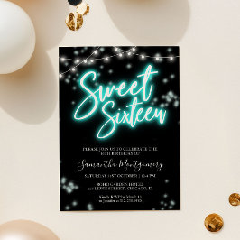 Invitación Cumpleaños Dulces 16 Fiesta Oscura Neon Teal