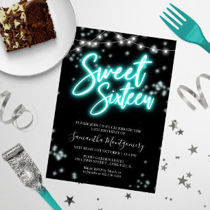 Invitación Cumpleaños Dulces 16 Fiesta Oscura Neon Teal