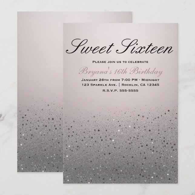 Invitación Cumpleaños Dulces 16 Fiesta Rosa Sonrosado Brillan (Anverso / Reverso)