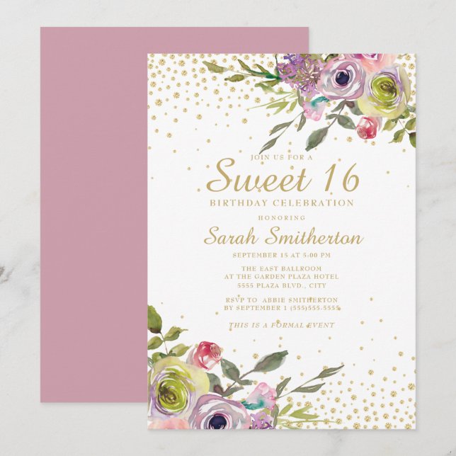 Invitación Cumpleaños Dulces 16 Floral Amarillo Rosa Dorado B (Anverso / Reverso)