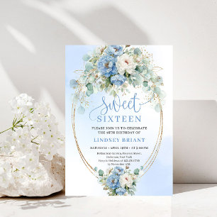 Invitación Cumpleaños Dulces 16 Floral Azul Polvo Imprimible