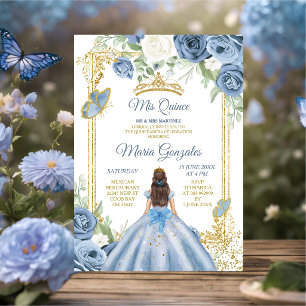 Invitación Cumpleaños Dulces 16 Floral Dusty Blue Chica Mexic