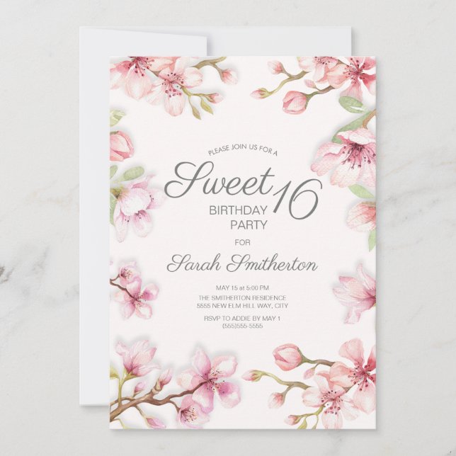 Invitación Cumpleaños Dulces 16 Floral Rosa Blanco Primavera (Anverso)