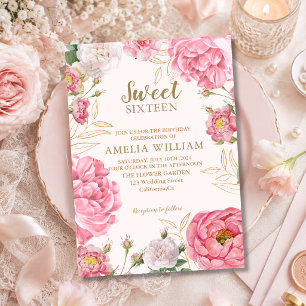 Invitación Cumpleaños Dulces 16 Floral Rosa Oro Botánico Rubo