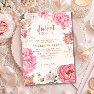 Invitación Cumpleaños Dulces 16 Floral Rosa Oro Botánico Rubo