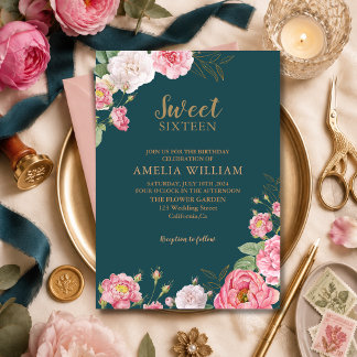 Invitación Cumpleaños Dulces 16 Floral Rosa Verde Esmeralda