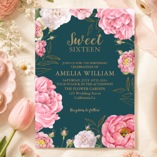 Invitación Cumpleaños Dulces 16 Floral Rosa Verde Esmeralda