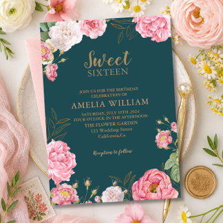 Invitación Cumpleaños Dulces 16 Floral Rosa Verde Esmeralda