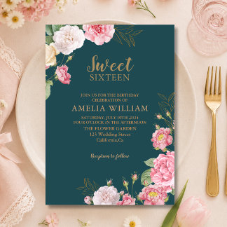 Invitación Cumpleaños Dulces 16 Floral Rosa Verde Esmeralda