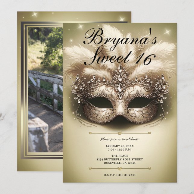 Invitación Cumpleaños Dulces 16 Foto Máscara de Oro (Anverso / Reverso)