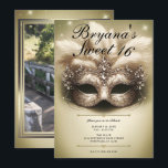 Invitación Cumpleaños Dulces 16 Foto Máscara de Oro<br><div class="desc">Personalice como desee.

Reemplace la foto en la parte posterior con su propia foto o elimine la foto por completo.</div>