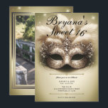 Invitación Cumpleaños Dulces 16 Foto Máscara de Oro<br><div class="desc">Personalice como desee.

Reemplace la foto en la parte posterior con su propia foto o elimine la foto por completo.</div>