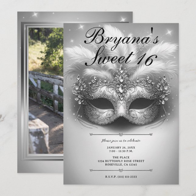 Invitación Cumpleaños Dulces 16 Foto Mascarada de Plata (Anverso / Reverso)