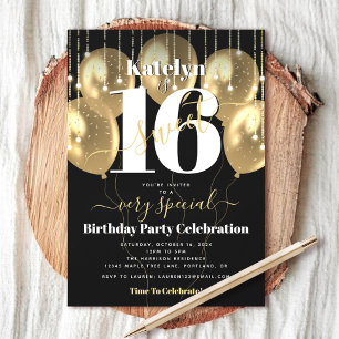 Invitación Cumpleaños Dulces 16 Globos Negros Dorados Moderno