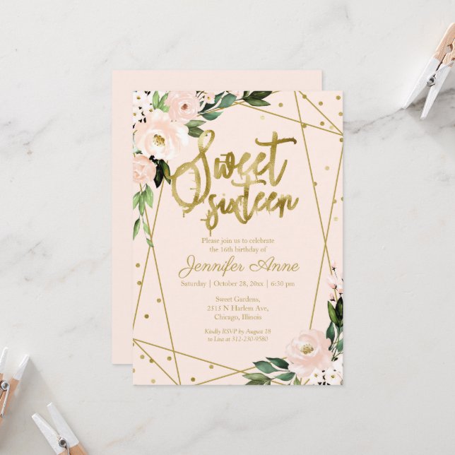 Invitación Cumpleaños Dulces 16 Hoja Dorada Floral (Anverso/Reverso In Situ)