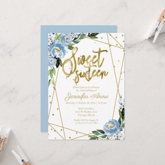Invitación Cumpleaños Dulces 16 Hoja Dorada Floral (Anverso/Reverso In Situ)