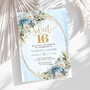 Invitación Cumpleaños Dulces 16 Jardín Floral Azul Polvorient