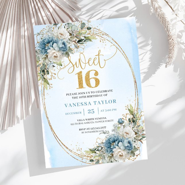 Invitación Cumpleaños Dulces 16 Jardín Floral Azul Polvorient (Garden Dusty Blue Floral Sweet 16th Birthday Invite)