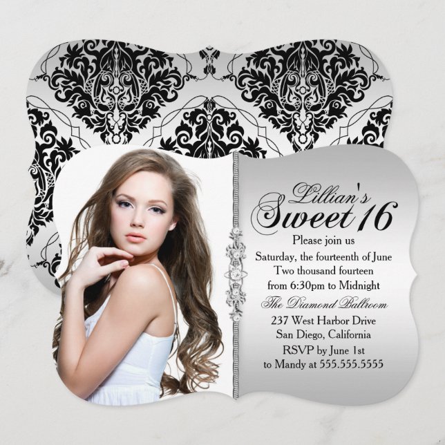 Invitación Cumpleaños Dulces 16 Joyas de Plata y Negro Damask (Anverso / Reverso)