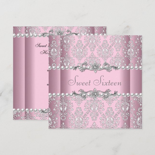 Invitación Cumpleaños Dulces 16 Lace Perla Rosa Plateado Blan (Anverso / Reverso)