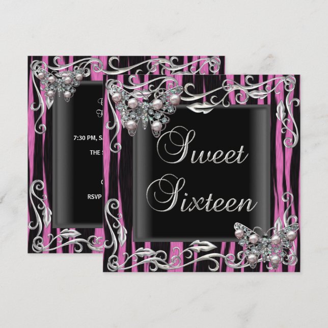 Invitación Cumpleaños Dulces 16 Mariposa Cebra Negro Rosa (Anverso / Reverso)