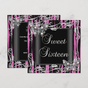 Invitación Cumpleaños Dulces 16 Mariposa Cebra Negro Rosa